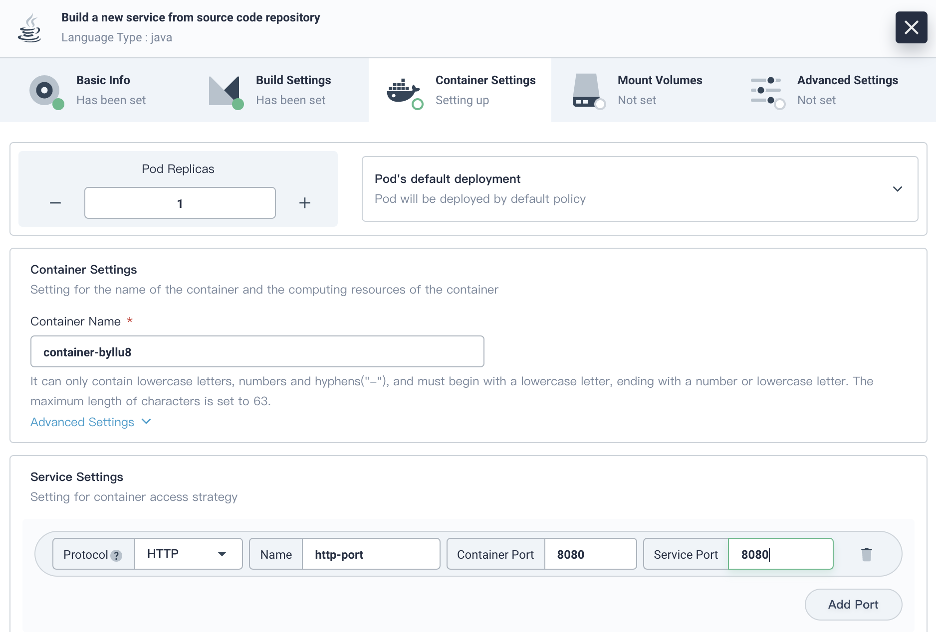 Container Settings